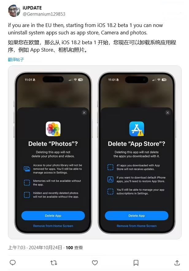 渑池苹果手机维修分享iOS 18.2 支持删除 App Store 应用商店 